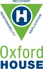 oxford house logo, green triangle with responsibility, replication and recovery words on the side