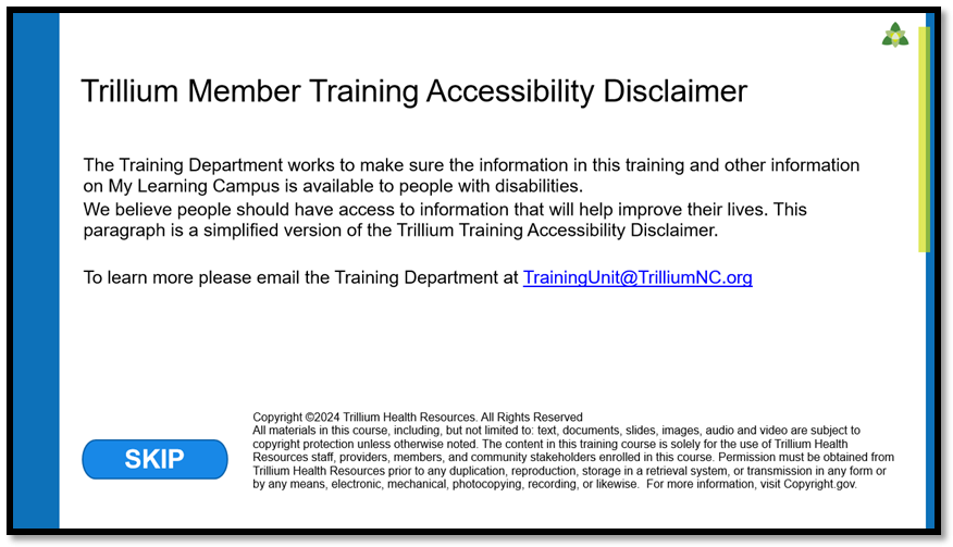 Picture of the Accessibility Training, white background with black text content  